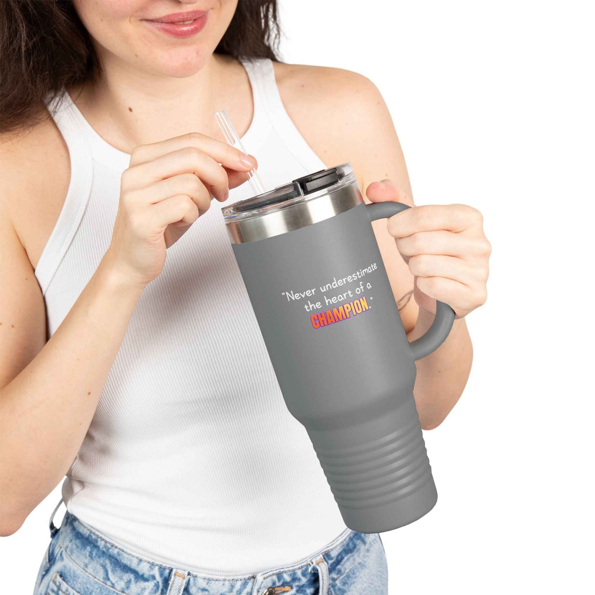GOATI 40oz Insulated Travel Mug | "Never Underestimate the Heart of a Champion" Motivational Quote