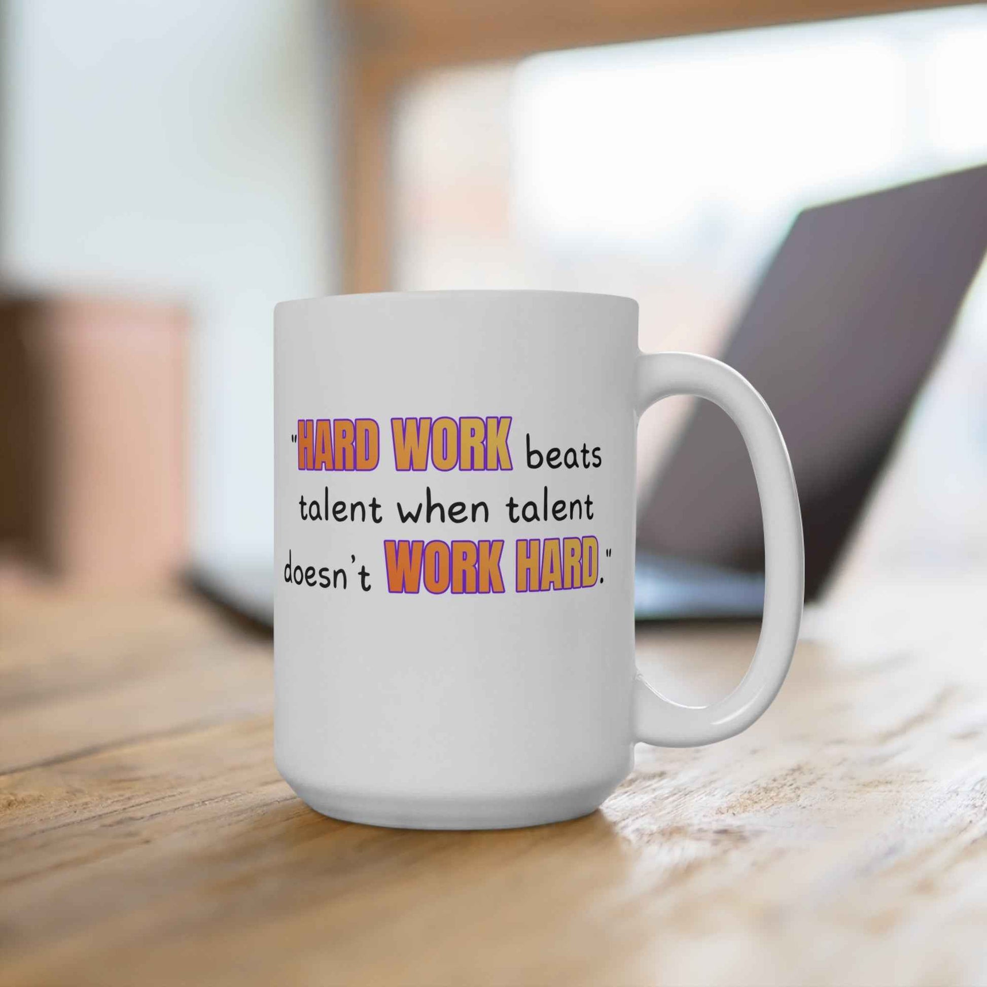 GOATI White Ceramic Mug – 15oz | "Hard Work Beats Talent" Motivational Mug