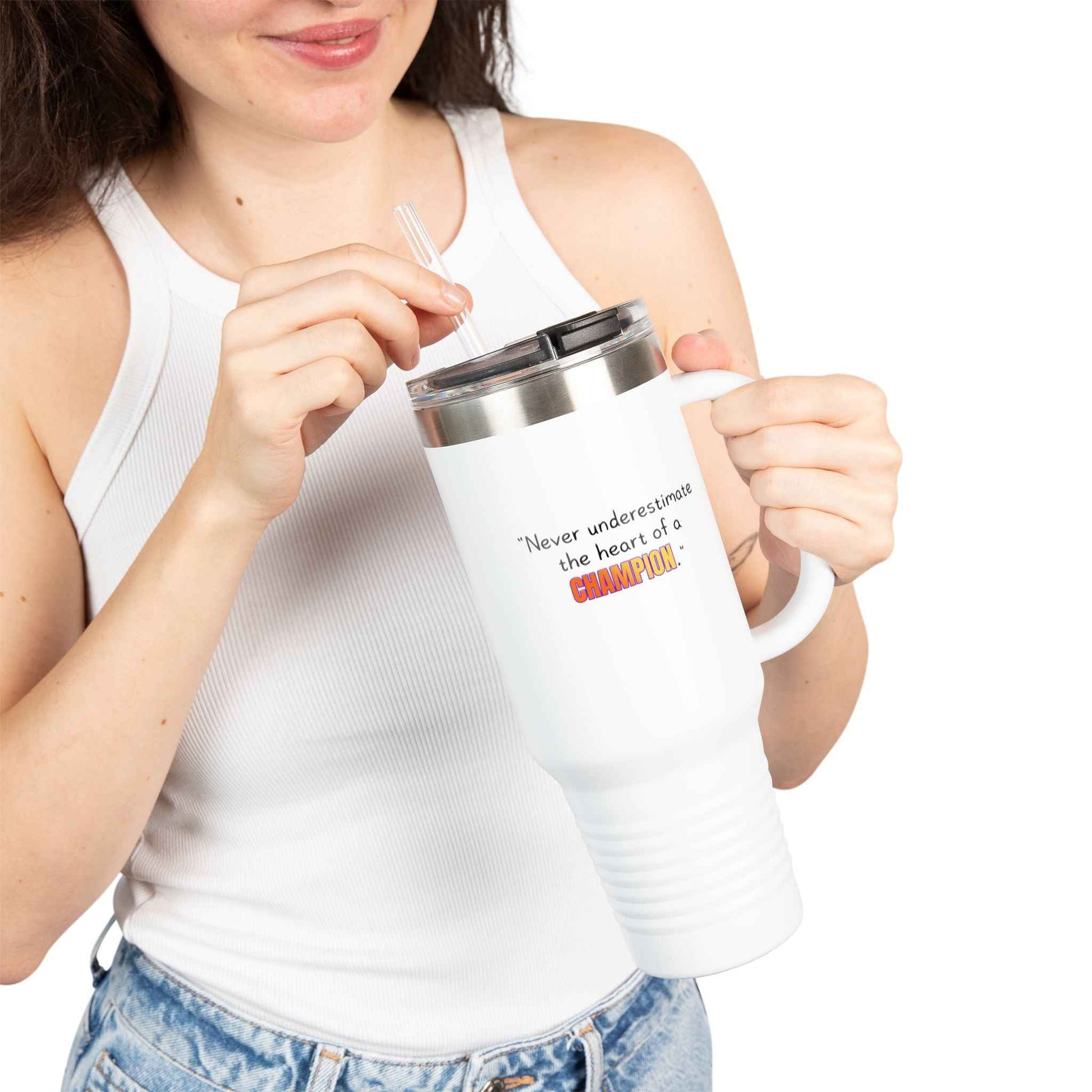 GOATI 40oz Insulated Travel Mug | "Never Underestimate the Heart of a Champion" Motivational Quote