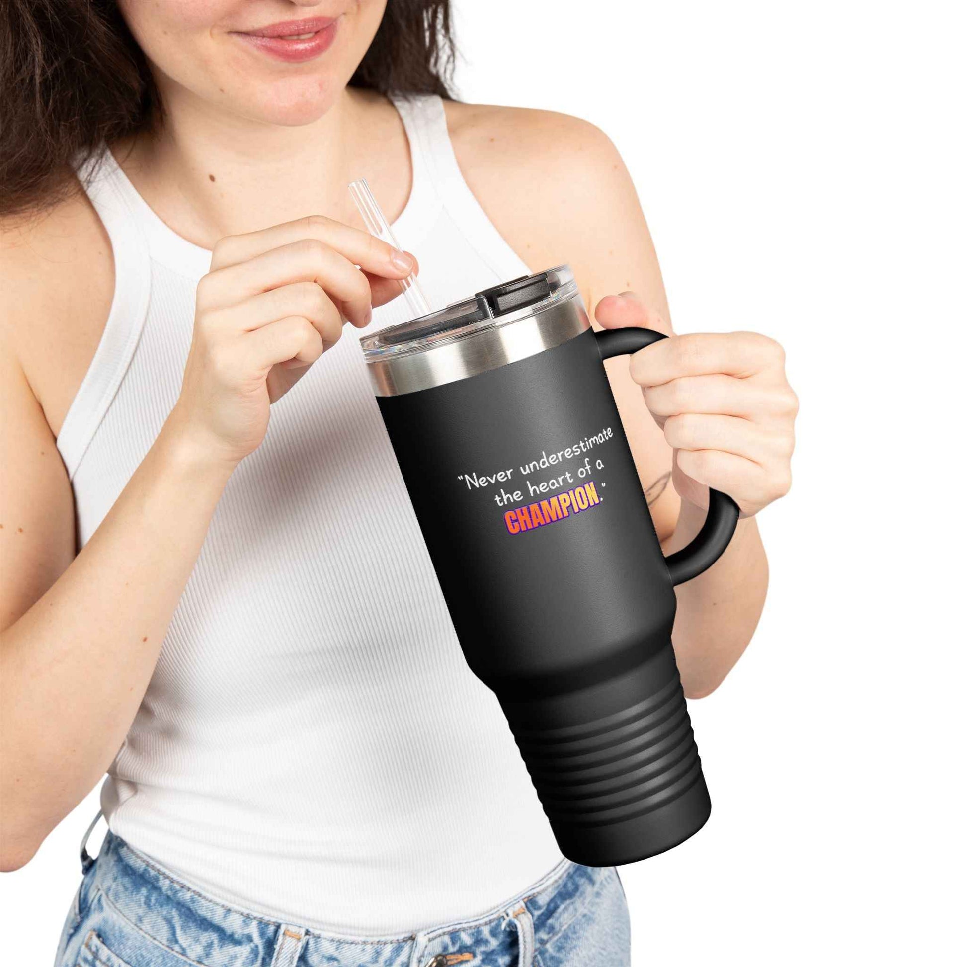 GOATI 40oz Insulated Travel Mug | "Never Underestimate the Heart of a Champion" Motivational Quote